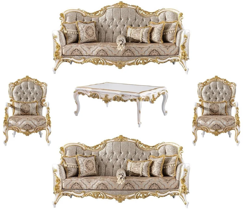 Casa Padrino Luxus Barock Wohnzimmer Set Silber / Beige / Schwarz / Weiß / Gold - 2 Barock Sofas & 2 Barock Sessel & 1 Barock Couchtisch - Luxus Wohnzimmer Möbel im Barockstil - Barock Möbel