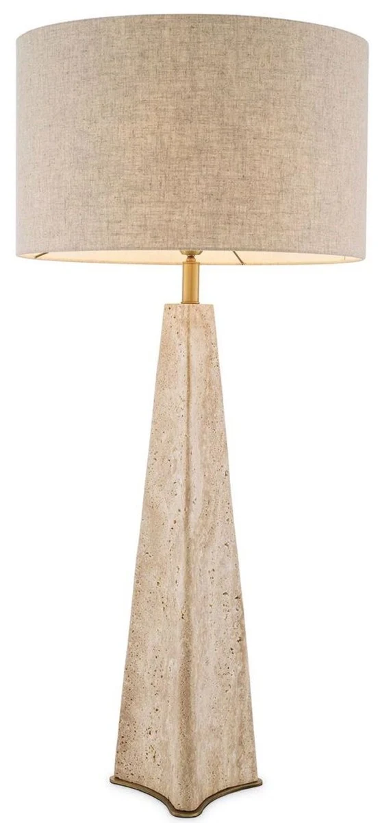 Casa Padrino Luxus Tischleuchte Beige / Antik Messing Ø 48 x H. 106,5 cm - Travertin Schreibtischleuchte mit rundem Lampenschirm - Luxus Tischleuchten - Luxus Kollektion
