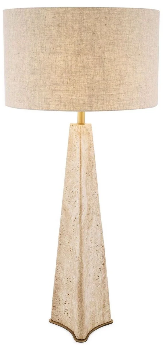 Casa Padrino Luxus Tischleuchte Beige / Antik Messing Ø 48 x H. 106,5 cm - Travertin Schreibtischleuchte mit rundem Lampenschirm - Luxus Tischleuchten - Luxus Kollektion