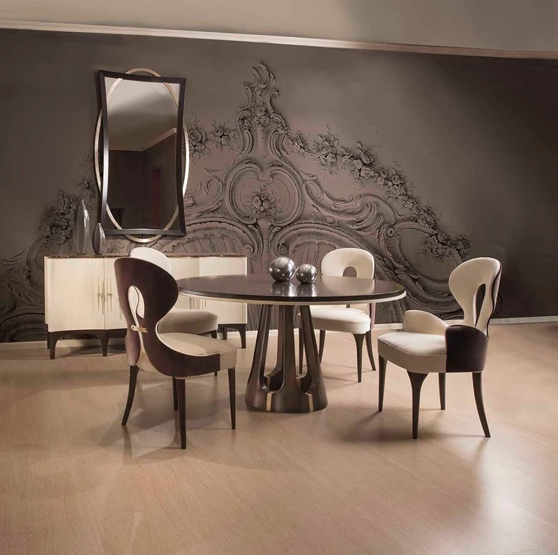 Casa Padrino Luxus Art Deco Esszimmer Set Creme / Braun / Gold - 1 Runder Luxus Art Deco Esstisch & 4 Luxus Art Deco Esszimmerstühle - Art Deco Esszimmer Möbel - Luxus Qualität - Made in Italy