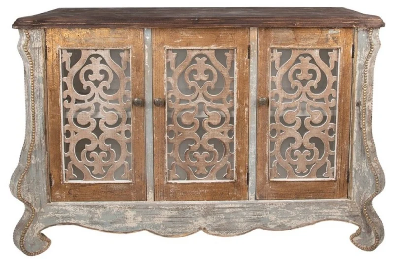 Casa Padrino Landhausstil Shabby Chic Sideboard mit 3 Türen Grau / Beige / Gold / Braun 132 x 42 x H. 92 cm - Landhausstil Möbel - Shabby Chic Möbel - Landhausstil Einrichtung
