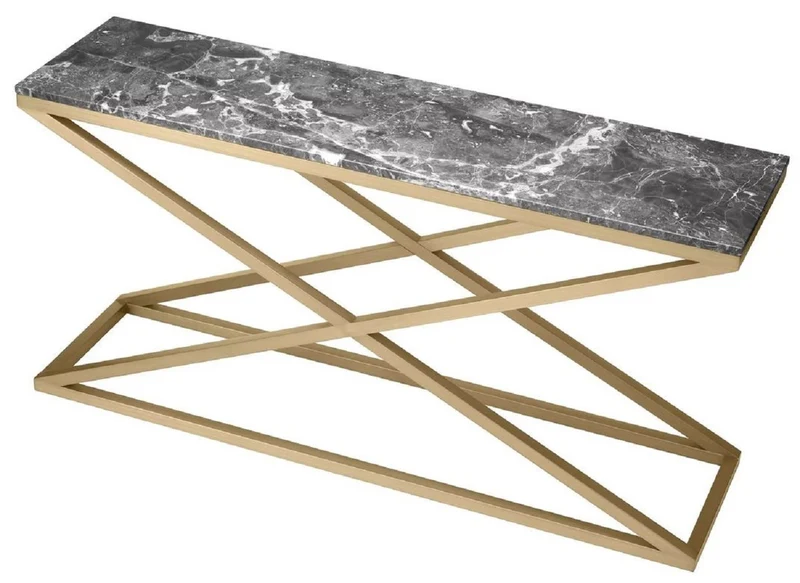 Casa Padrino Luxus Konsole Messing / Grau 150 x 40 x H. 74 cm - Rechteckiger Edelstahl Konsolentisch mit Marmorplatte - Wohnzimmer Möbel - Hotel Möbel - Luxus Möbel - Luxus Einrichtung