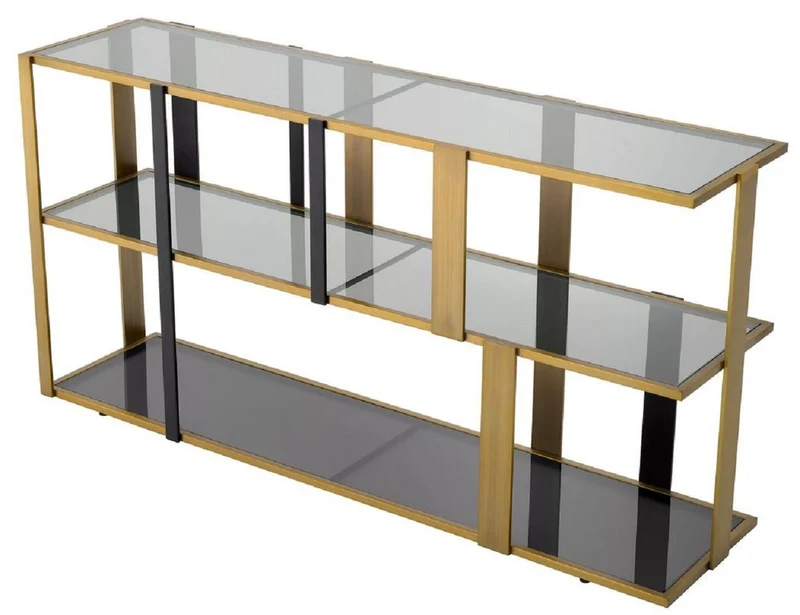 Casa Padrino Luxus Regalschrank Messing / Schwarz / Grau 178 x 44 x H. 89,5 cm - Rechteckiger Wohnzimmer Schrank - Büro Schrank - Wohnzimmer Möbel - Büro Möbel - Luxus Möbel