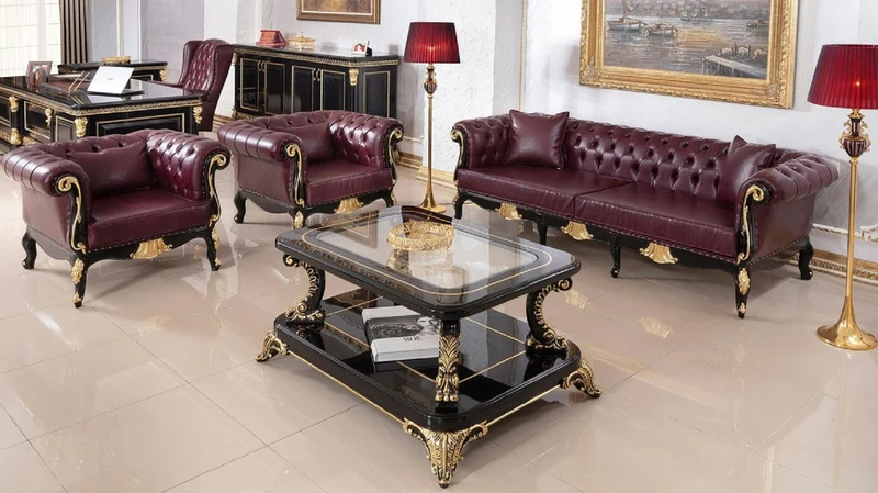 Casa Padrino Luxus Barock Chesterfield Leder Sofa Bordeauxrot / Schwarz / Gold - Prunkvolles Wohnzimmer Echtleder Sofa - Barock Chesterfield Leder Möbel - Luxus Möbel im Barockstil