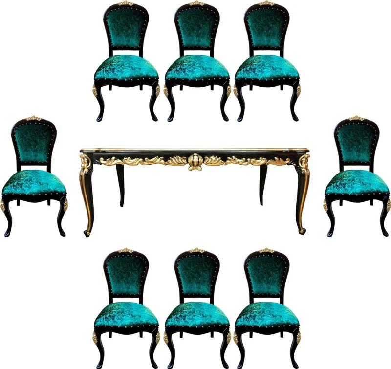 Pompöös by Casa Padrino Barock Luxus Esszimmer Set Grün / Schwarz / Gold - Pompööser Barock Esstisch mit Glasplatte und 8 Stühlen designed by Harald Glööckler - Esszimmer Möbel im Barockstil