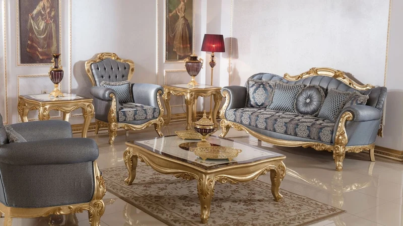 Casa Padrino Luxus Barock Wohnzimmer Set Blau / Gold - 2 Barock Sofas & 2 Barock Sessel & 1 Barock Couchtisch - Luxus Wohnzimmer Möbel im Barockstil - Barock Möbel - Barock Einrichtung