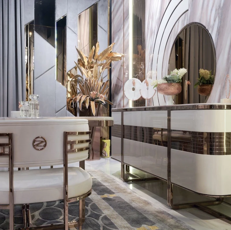 Casa Padrino Luxus Sideboard Creme / Weiß / Kupfer 230 x 55 x H. 89 cm - Edler Massivholz Schrank mit 4 Türen und Kunstmarmor Platte - Wohnzimmer Möbel - Hotel Möbel - Luxus Möbel