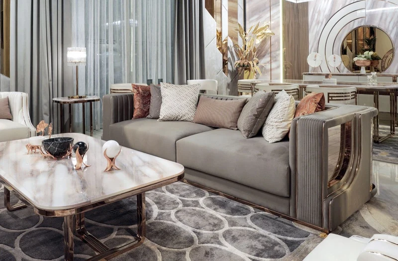 Casa Padrino Luxus Sofa Grau / Kupfer 230 x 96 x H. 72 cm - Wohnzimmer Sofa - Hotel Sofa - Wohnzimmer Möbel - Hotel Möbel - Luxus Möbel - Wohnzimmer Einrichtung - Luxus Einrichtung