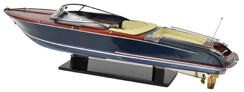 Casa Padrino Luxus Deko Speedboot mit Massivholz Ständer Mehrfarbig 89 x H. 28 cm - Handgefertigtes Deko Boot - Holzboot - Modellboot - Rennboot