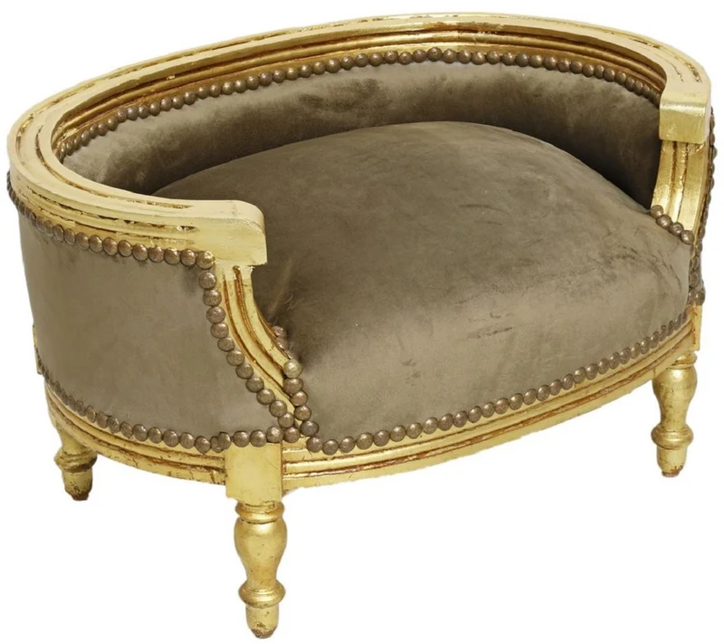 Casa Padrino Barock Hundebett & Katzenbett Taupe / Antik Gold - Handgefertigtes Hunde & Katzen Sofa im Barockstil - Barock Hunde & Katzen Möbel - Barock Tiermöbel