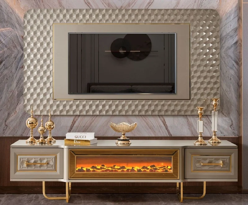 Casa Padrino Luxus Art Deco TV Schrank Set Grau / Gold - Wohnzimmer Sideboard mit LED Elektrokamin & TV Rückwand - Art Deco Möbel - Wohnzimmer Möbel - Luxus Möbel - Luxus Einrichtung