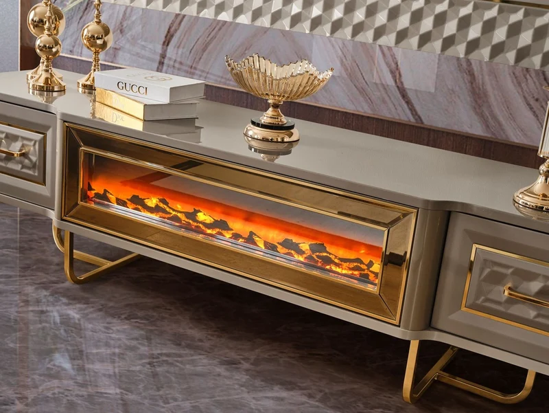 Casa Padrino Luxus Art Deco TV Schrank Set Grau / Gold - Wohnzimmer Sideboard mit LED Elektrokamin & TV Rückwand - Art Deco Möbel - Wohnzimmer Möbel - Luxus Möbel - Luxus Einrichtung