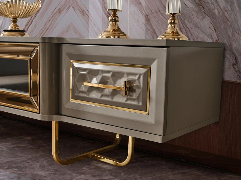 Casa Padrino Luxus Art Deco TV Schrank Set Grau / Gold - Wohnzimmer Sideboard mit LED Elektrokamin & TV Rückwand - Art Deco Möbel - Wohnzimmer Möbel - Luxus Möbel - Luxus Einrichtung