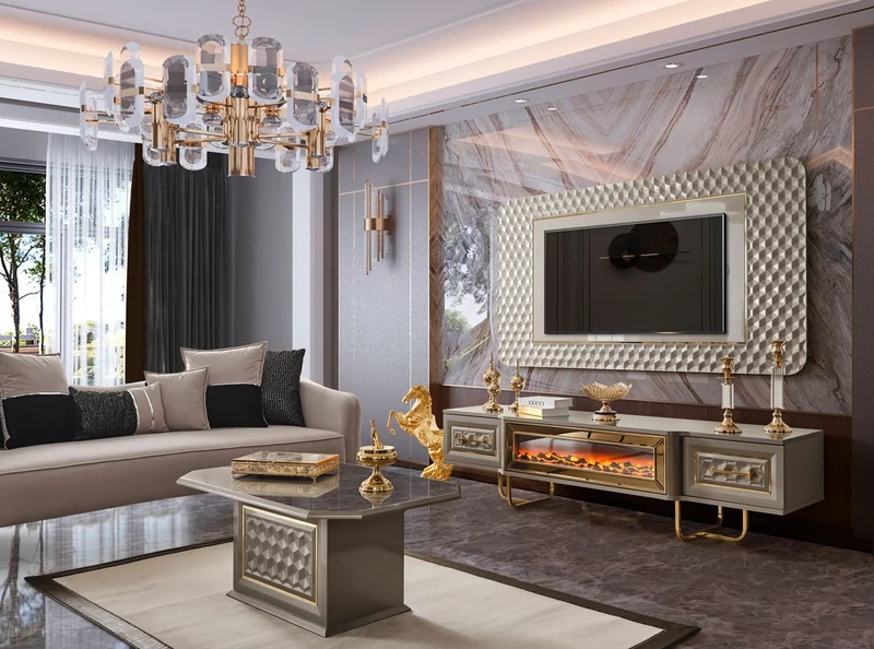 Casa Padrino Luxus Art Deco TV Schrank Set Grau / Gold - Wohnzimmer Sideboard mit LED Elektrokamin & TV Rückwand - Art Deco Möbel - Wohnzimmer Möbel - Luxus Möbel - Luxus Einrichtung