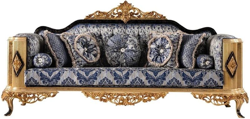 Casa Padrino Luxus Barock Wohnzimmer Set Blau / Schwarz / Gold - 2 Barock Sofas & 2 Barock Sessel & 1 Barock Couchtisch - Luxus Wohnzimmer Möbel im Barockstil - Barock Möbel - Edel & Prunkvoll