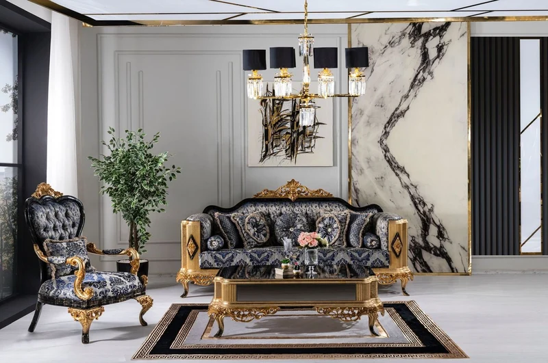 Casa Padrino Luxus Barock Wohnzimmer Set Blau / Schwarz / Gold - 2 Barock Sofas & 2 Barock Sessel & 1 Barock Couchtisch - Luxus Wohnzimmer Möbel im Barockstil - Barock Möbel - Edel & Prunkvoll