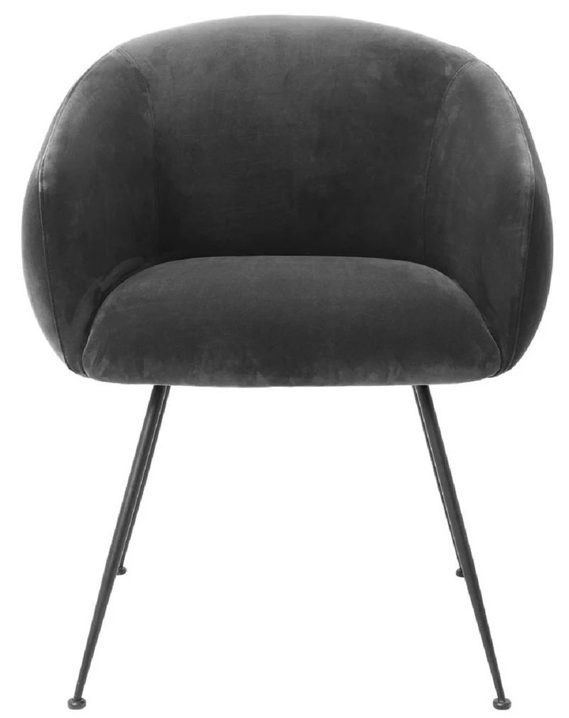 Casa Padrino Luxus Esszimmerstuhl mit Armlehnen Grau / Schwarz 61 x 60 x H. 79 cm - Küchenstuhl mit edlem Samtstoff - Esszimmer Möbel - Küchen Möbel - Luxus Möbel - Luxus Einrichtung