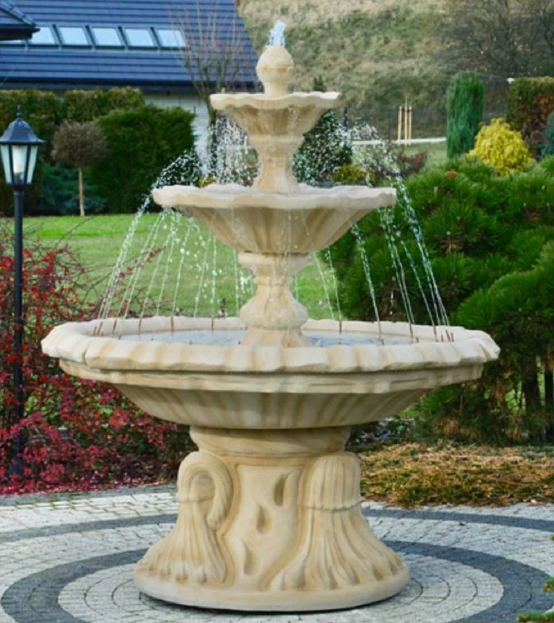 Casa Padrino Jugendstil Springbrunnen Sandfarben Ø 155 x H. 180 cm - Prunkvoller Gartenbrunnen - Gartendeko Brunnen - Barock & Jugendstil Garten Deko Accessoires