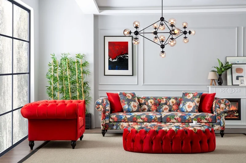 Casa Padrino Luxus Chesterfield Wohnzimmer Sofa mit Blumenmuster Grau / Mehrfarbig / Schwarz 235 x 90 x H. 75 cm - Chesterfield Wohnzimmer Möbel - Luxus Wohnzimmer Möbel - Luxus Einrichtung