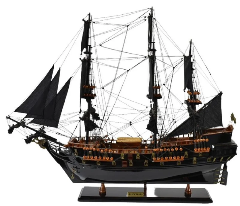Casa Padrino Luxus Piratenschiff Black Pearl Schwarz / Braun 87 x 27 x H. 73 cm - Handgefertigtes Deko Schiff - Holzschiff - Segelschiff - Kriegsschiff - Modellschiff - Deko Accessoires