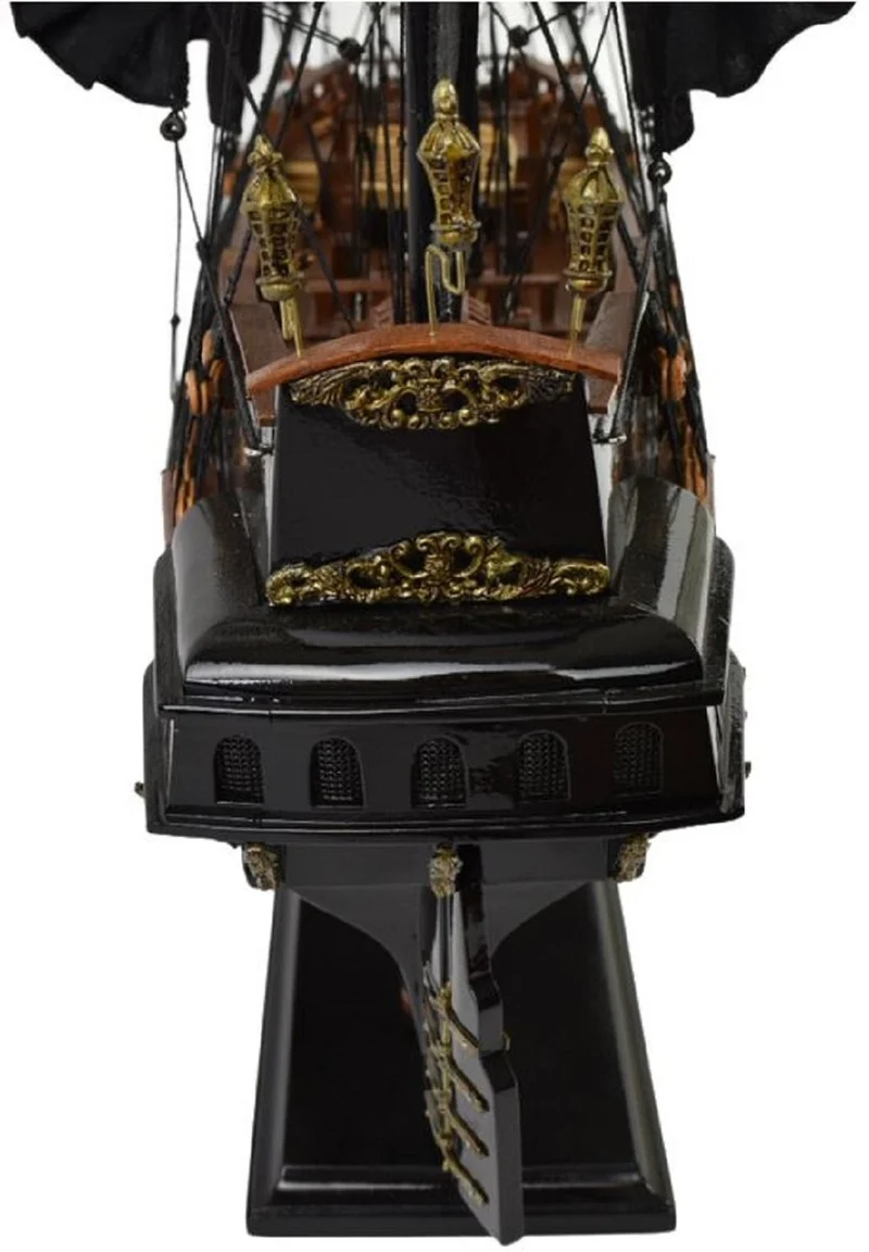 Casa Padrino Luxus Piratenschiff Black Pearl Schwarz / Braun 87 x 27 x H. 73 cm - Handgefertigtes Deko Schiff - Holzschiff - Segelschiff - Kriegsschiff - Modellschiff - Deko Accessoires