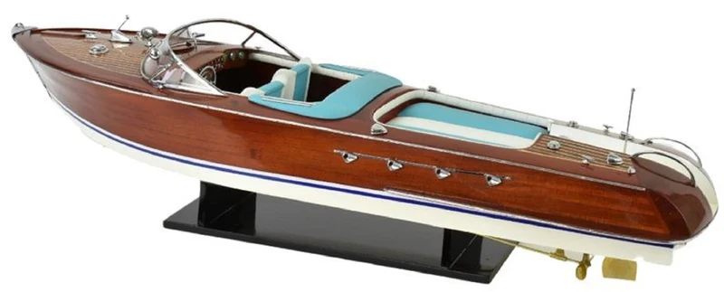 Casa Padrino Luxus Deko Speedboot mit Massivholz Ständer 87 cm - Handgefertigtes Deko Boot - Holzboot - Modellboot - Rennboot - Deko Accessoires