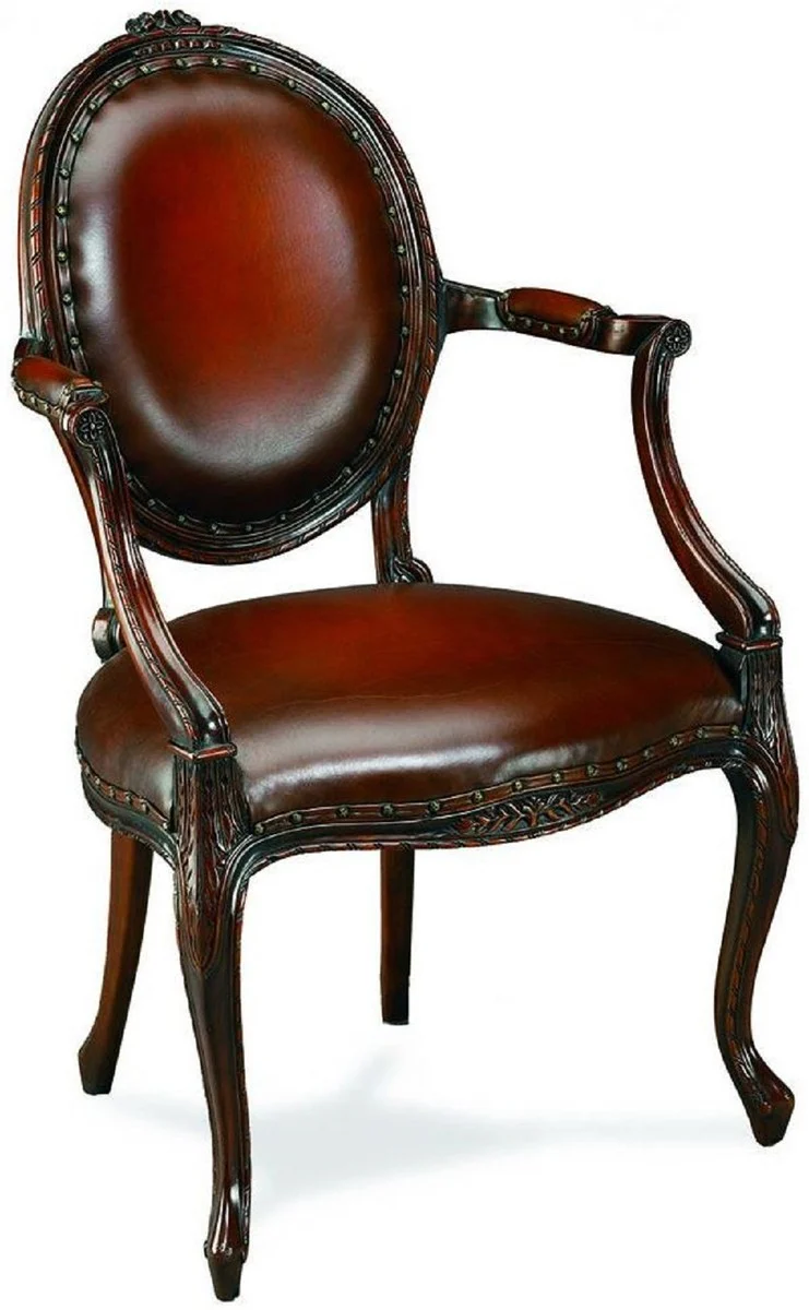 Casa Padrino Luxus Barock Leder Esszimmer Stuhl mit Armlehnen Rotbraun / Braun 61 x 61 x H. 95 cm - Küchenstuhl mit Echtleder - Esszimmer Möbel - Leder Möbel - Barock Möbel - Barock Interior