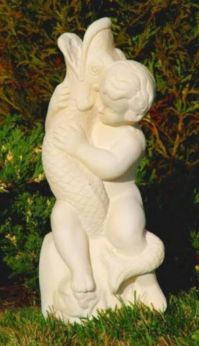 Casa Padrino Jugendstil Wasserspeier Skulptur Junge mit Fisch Sandfarben H. 48 cm - Wasserspeier Stein Figur - Barock & Jugendstil Garten Deko Accessoires