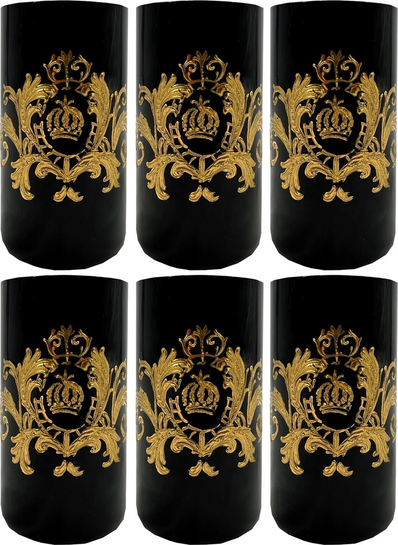 Pompöös by Casa Padrino Luxus Wasserglas Set Schwarz / Gold Ø 6,5 x H. 14,5 cm - Wassergläser mit 24 Karat Vergoldung - Pompööse Gläser designed by Harald Glööckler