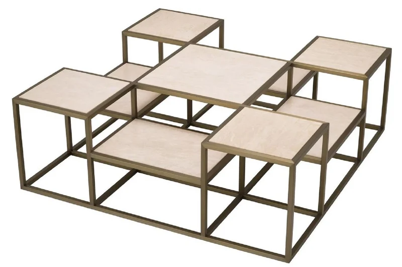 Casa Padrino Luxus Couchtisch Messing / Beige 120 x 120 x H. 41,5 cm - Quadratischer Edelstahl Wohnzimmertisch mit Travertin Tischplatten - Wohnzimmer Möbel - Luxus Möbel - Luxus Einrichtung