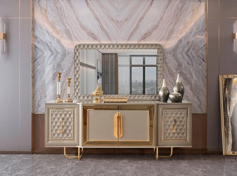 Casa Padrino Luxus Art Deco Möbel Set Grau / Gold - 1 Luxus Art Deco Sideboard mit 4 Türen & 1 Luxus Art Deco Spiegel - Art Deco Möbel - Luxus Möbel - Luxus Einrichtung - Art Deco Einrichtung