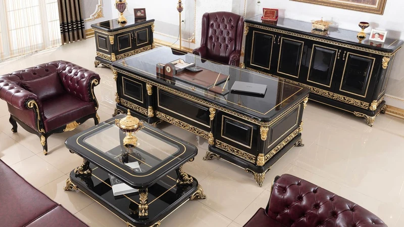 Casa Padrino Luxus Barock Leder Bürostuhl Bordeauxrot / Schwarz / Gold - Höhenverstellbarer Echttleder Schreibtischstuhl - Luxus Büro Möbel im Barockstil - Barock Möbel - Barock Einrichtung