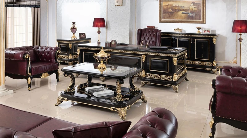 Casa Padrino Luxus Barock Leder Bürostuhl Bordeauxrot / Schwarz / Gold - Höhenverstellbarer Echttleder Schreibtischstuhl - Luxus Büro Möbel im Barockstil - Barock Möbel - Barock Einrichtung