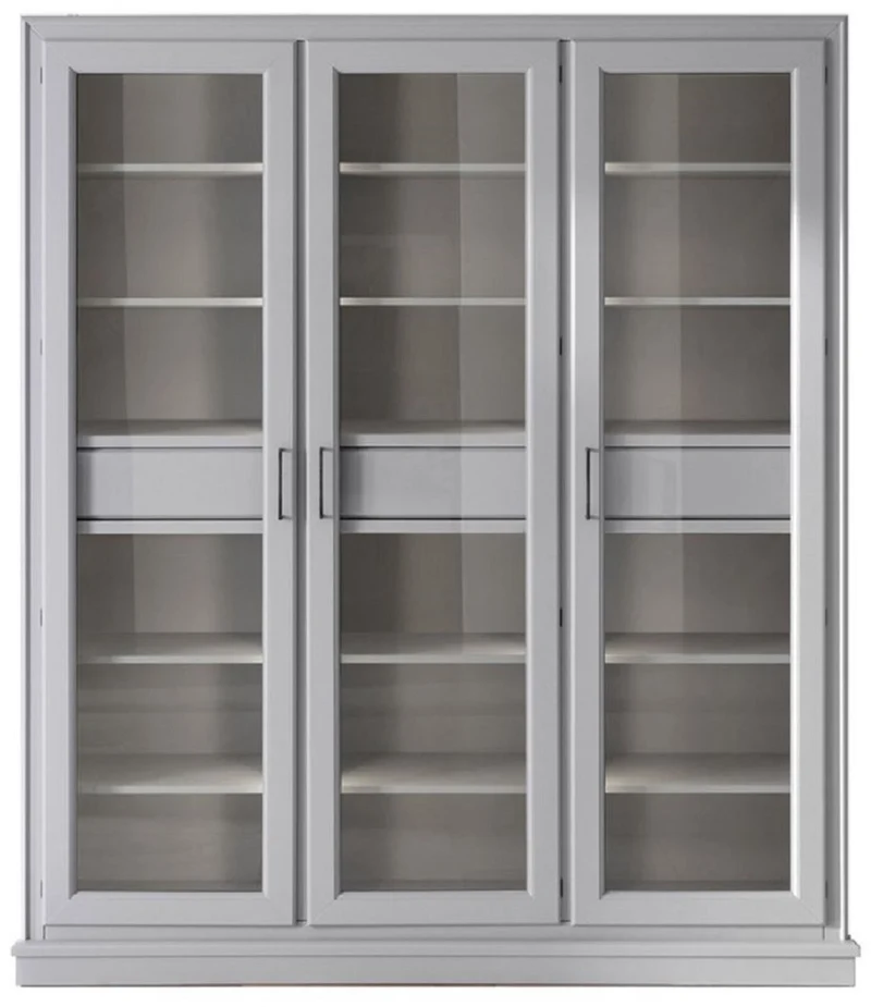 Casa Padrino Luxus Bücherschrank mit 3 Türen und LED Beleuchtung Grau 200 x 45 x H. 230 cm - Massivholz Schrank - Wohnzimmerschrank - Regalschrank - Büroschrank - Luxus Möbel - Luxus Einrichtung