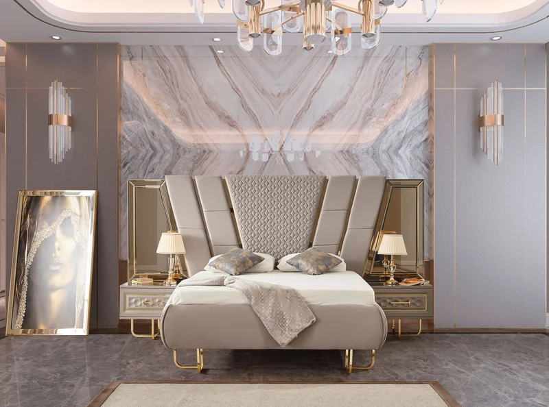 Casa Padrino Luxus Art Deco Schlafzimmer Set Grau / Gold - 1 Doppelbett mit Kopfteil & 2 Nachtkommoden - Art Deco Schlafzimmer Möbel - Luxus Schlafzimmer Möbel - Luxus Einrichtung