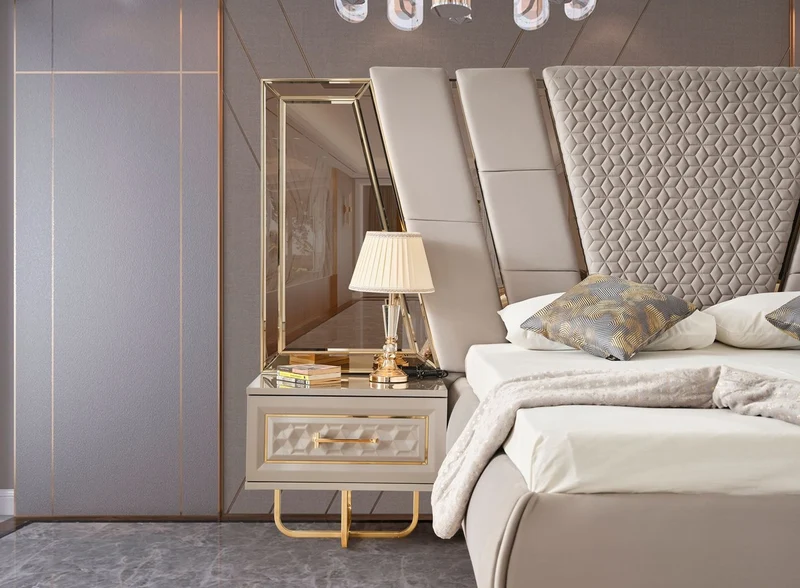 Casa Padrino Luxus Art Deco Schlafzimmer Set Grau / Gold - 1 Doppelbett mit Kopfteil & 2 Nachtkommoden - Art Deco Schlafzimmer Möbel - Luxus Schlafzimmer Möbel - Luxus Einrichtung