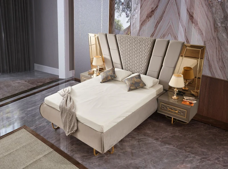 Casa Padrino Luxus Art Deco Schlafzimmer Set Grau / Gold - 1 Doppelbett mit Kopfteil & 2 Nachtkommoden - Art Deco Schlafzimmer Möbel - Luxus Schlafzimmer Möbel - Luxus Einrichtung