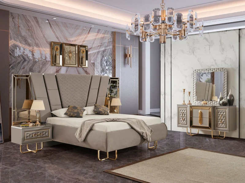 Casa Padrino Luxus Art Deco Schlafzimmer Set Grau / Gold - 1 Doppelbett mit Kopfteil & 2 Nachtkommoden - Art Deco Schlafzimmer Möbel - Luxus Schlafzimmer Möbel - Luxus Einrichtung