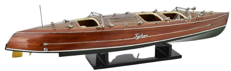 Casa Padrino Luxus Deko Speedboot Typhoon mit Massivholz Ständer Braun / Grün 95 x 22 x H. 23 cm - Handgefertigtes Deko Boot - Holzboot - Modellboot - Rennboot - Wohnzimmer Deko Accessoires