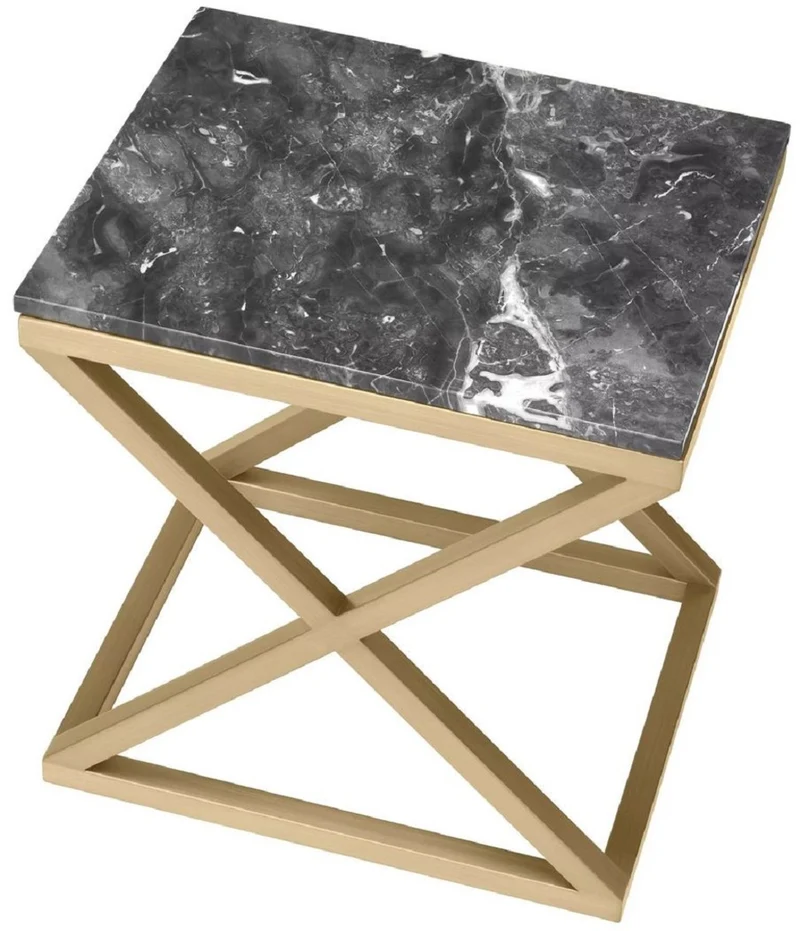 Casa Padrino Luxus Beistelltisch Messing / Grau 56 x 46 x H. 59 cm - Rechteckiger Edelstahl Tisch mit Marmorplatte - Wohnzimmer Möbel - Luxus Möbel - Luxus Einrichtung - Wohnzimmer Einrichtung