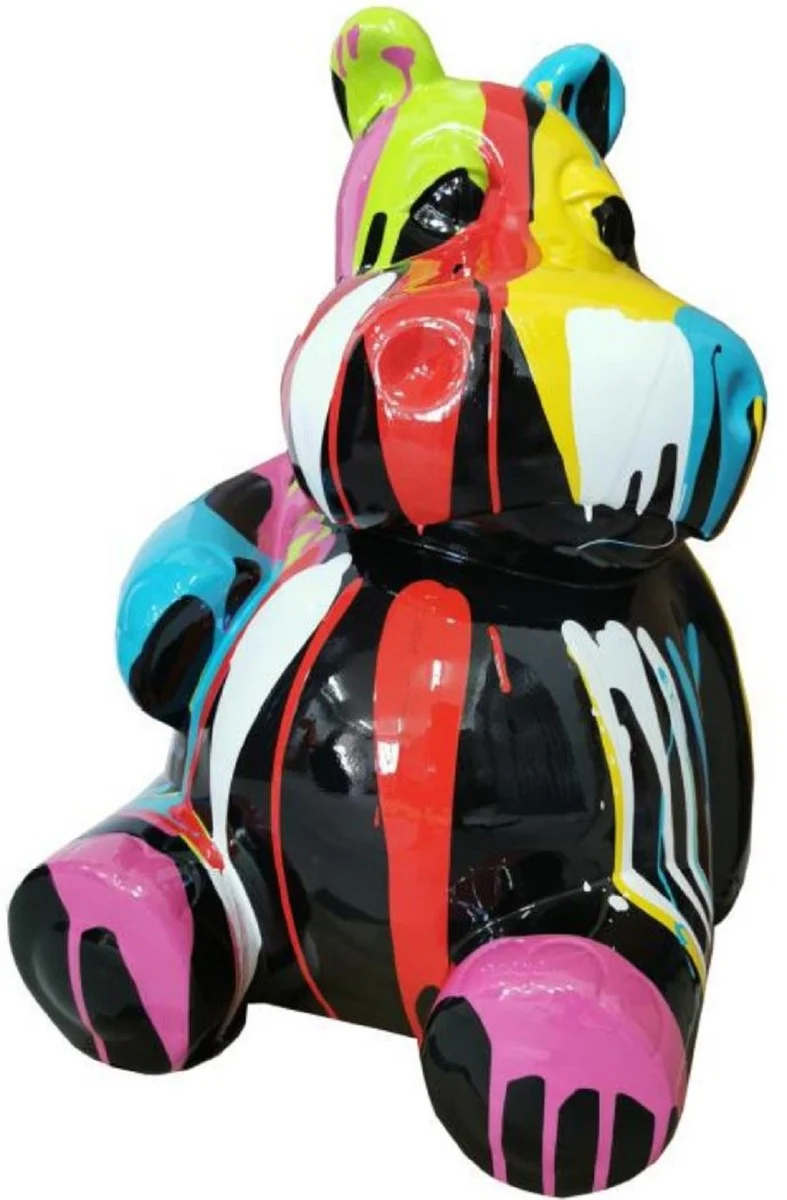 Casa Padrino Designer Deko Skulptur Sitzendes Nilpferd Schwarz / Mehrfarbig H. 48 cm - Wetterbeständige Deko Skulptur - Wohnzimmer Deko Figur - Garten Deko Figur - Deko Tierfigur - Deko Accessoires