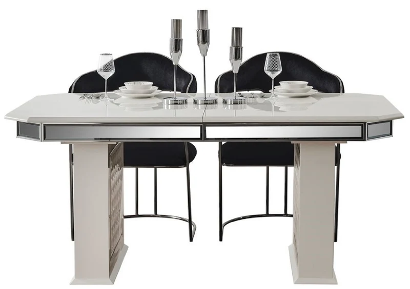 Casa Padrino Luxus Art Deco Esszimmer Set Schwarz / Weiß / Bronze - 1 Ausziehbarer Esstisch & 6 Esszimmerstühle mit Armlehnen - Esszimmer Möbel - Art Deco Möbel - Luxus Möbel