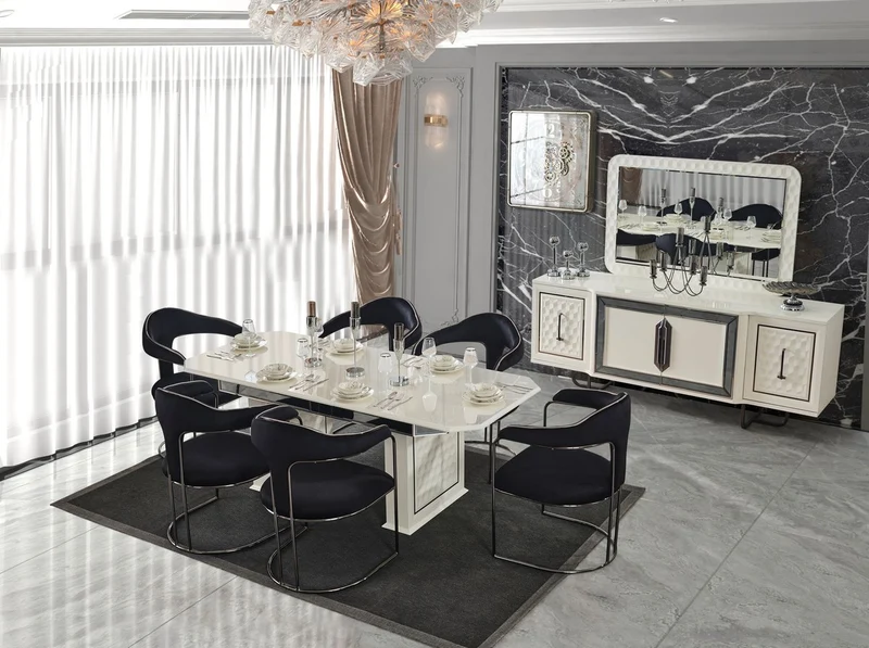 Casa Padrino Luxus Art Deco Esszimmer Set Schwarz / Weiß / Bronze - 1 Ausziehbarer Esstisch & 6 Esszimmerstühle mit Armlehnen - Esszimmer Möbel - Art Deco Möbel - Luxus Möbel