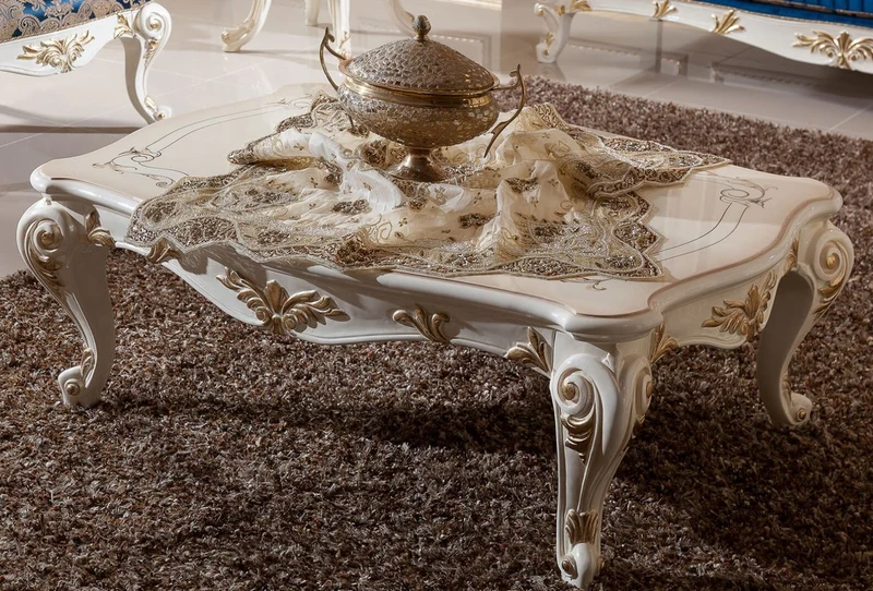 Casa Padrino Luxus Barock Wohnzimmer Set Blau / Braun / Weiß / Gold - 2 Barock Sofas & 2 Barock Sessel & 1 Barock Couchtisch - Wohnzimmer Möbel im Barockstil - Barock Möbel - Barock Einrichtung