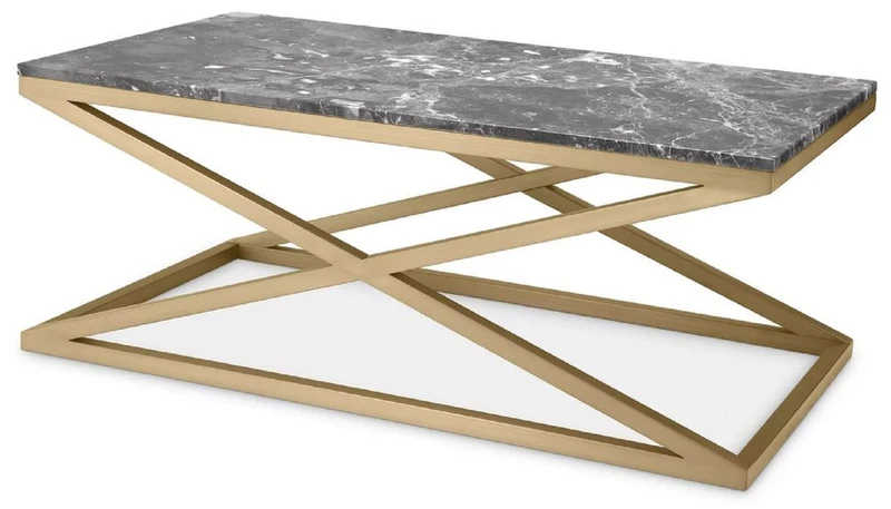 Casa Padrino Luxus Couchtisch Messing / Grau 120 x 70 x H. 47 cm - Rechteckiger Edelstahl Wohnzimmertisch mit Marmorplatte - Wohnzimmer Möbel - Luxus Möbel - Luxus Wohnzimmer Einrichtung