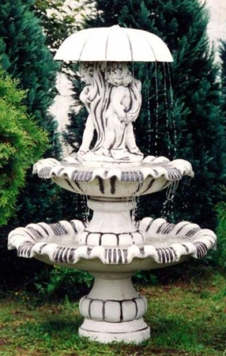 Casa Padrino Jugendstil Springbrunnen Weiß / Grau Ø 129 x H. 180 cm - Prunkvoller Gartenbrunnen - Gartendeko Brunnen - Barock & Jugendstil Garten Deko Accessoires