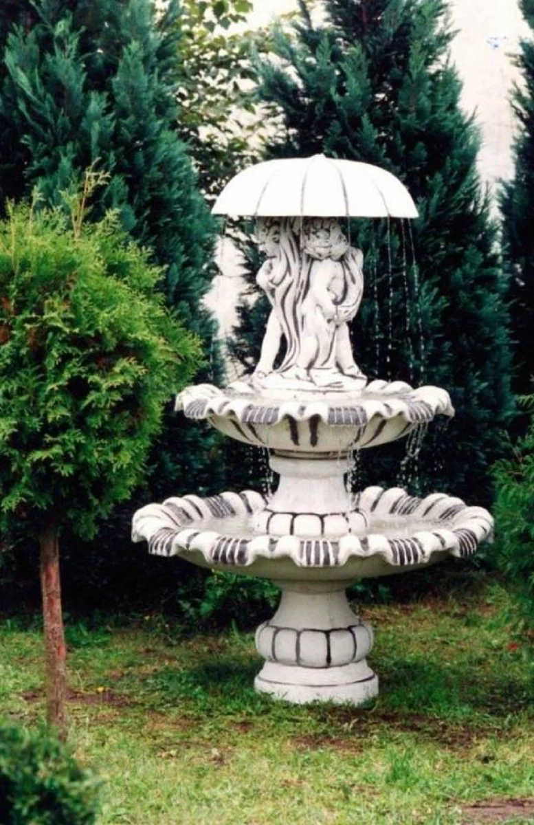 Casa Padrino Jugendstil Springbrunnen Weiß / Grau Ø 129 x H. 180 cm - Prunkvoller Gartenbrunnen - Gartendeko Brunnen - Barock & Jugendstil Garten Deko Accessoires