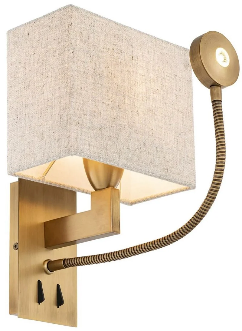 Casa Padrino Luxus Wandleuchte Antik Messing / Beige 19 x 17 x H. 32 cm - Wandlampe mit schwenbarer LED Leseleuchte - Hotel Leuchten - Luxus Leuchten - Luxus Wandleuchten - Luxus Qualität