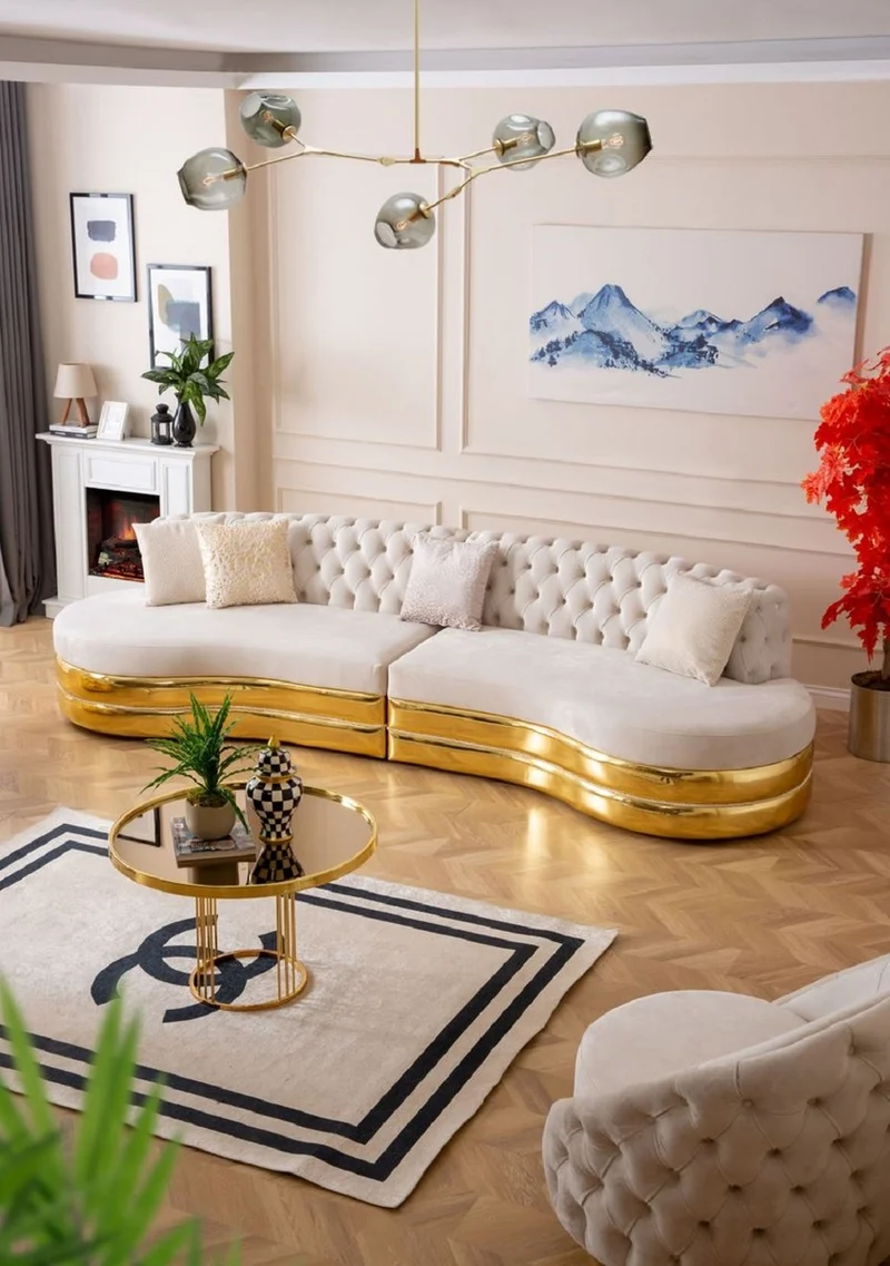 Casa Padrino Luxus Chesterfield 4er Sofa Creme / Gold 340 x 105 x H. 82 cm - Gebogenes Chesterfield Wohnzimmer Sofa - Wohnzimmer Möbel - Chesterfield Möbel - Luxus Möbel - Luxus Einrichtung