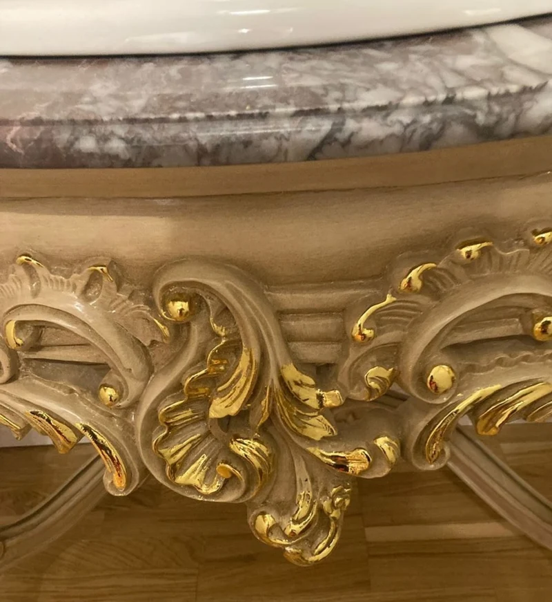 Casa Padrino Barock Badezimmer Set Grau / Gold - 1 Waschtisch & 1 Keramik Waschbecken & 1 Wandspiegel - Badezimmer Möbel im Barockstil - Barock Möbel - Barock Einrichtung